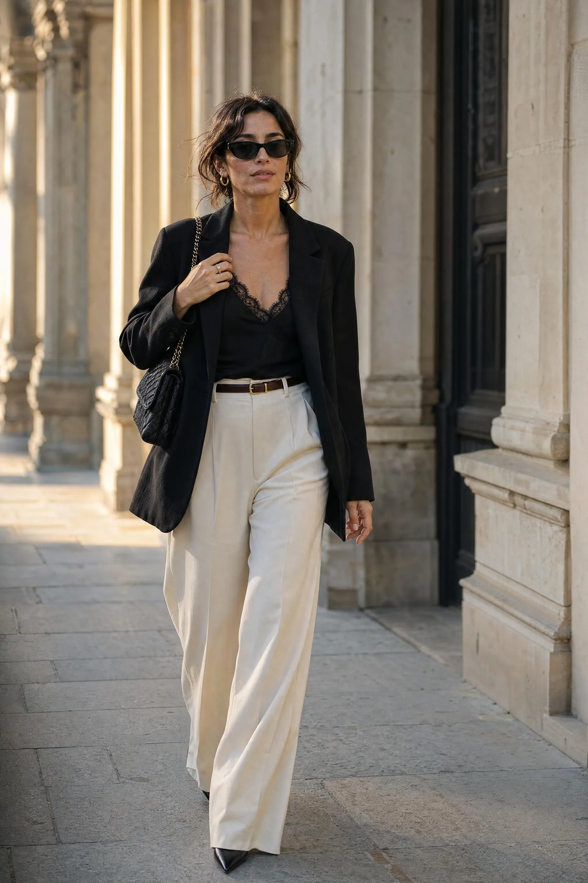 Mulher com blazer preto oversized, camisola de renda preta e calça off-white caminha por uma colunata de pedra iluminada pelo sol, com uma bolsa preta matelassê
