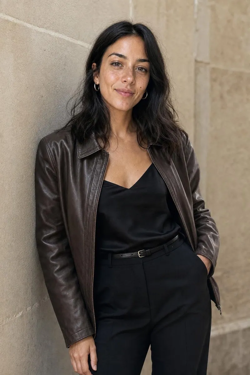 A mesma mulher com o look, encostada em uma parede de arenito