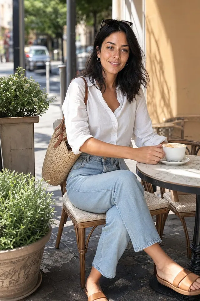 Mulher com camisa de linho branca e jeans claro tomando café em um terraço ensolarado
