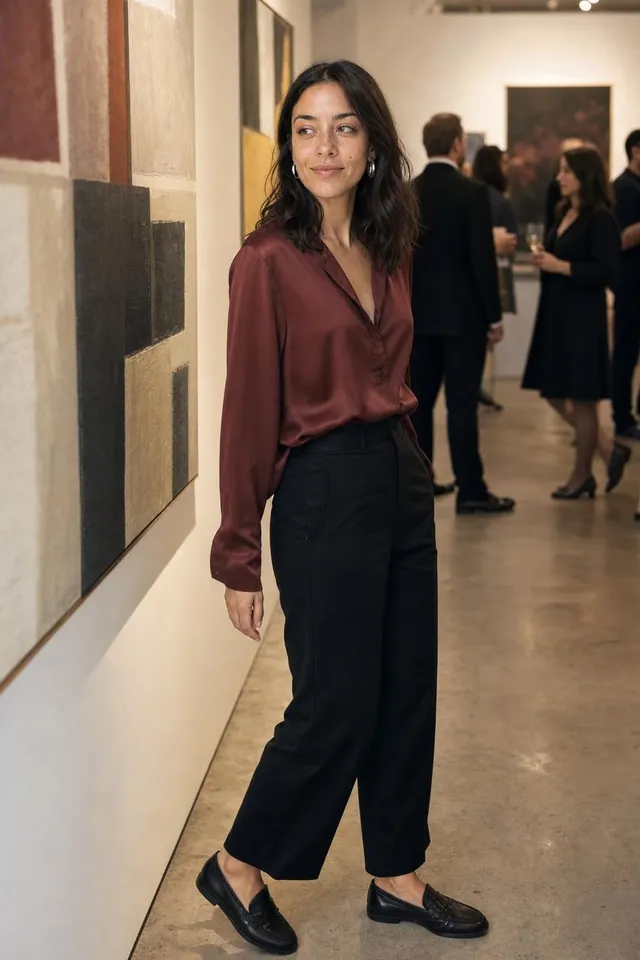 Mulher com blusa de seda bordô e calça preta em uma galeria de arte