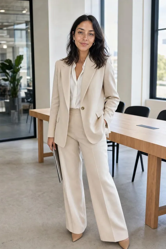 Mulher com blazer de alfaiataria off-white e calça ampla em um escritório iluminado
