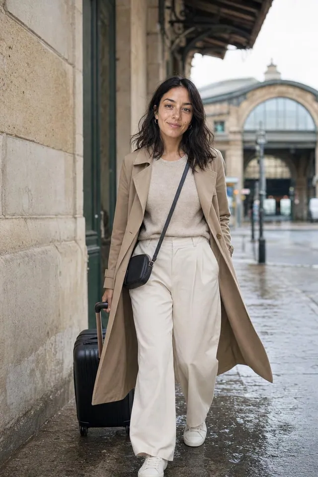 Mulher com trench coat caramelo e calça off-white puxando uma mala em uma rua molhada