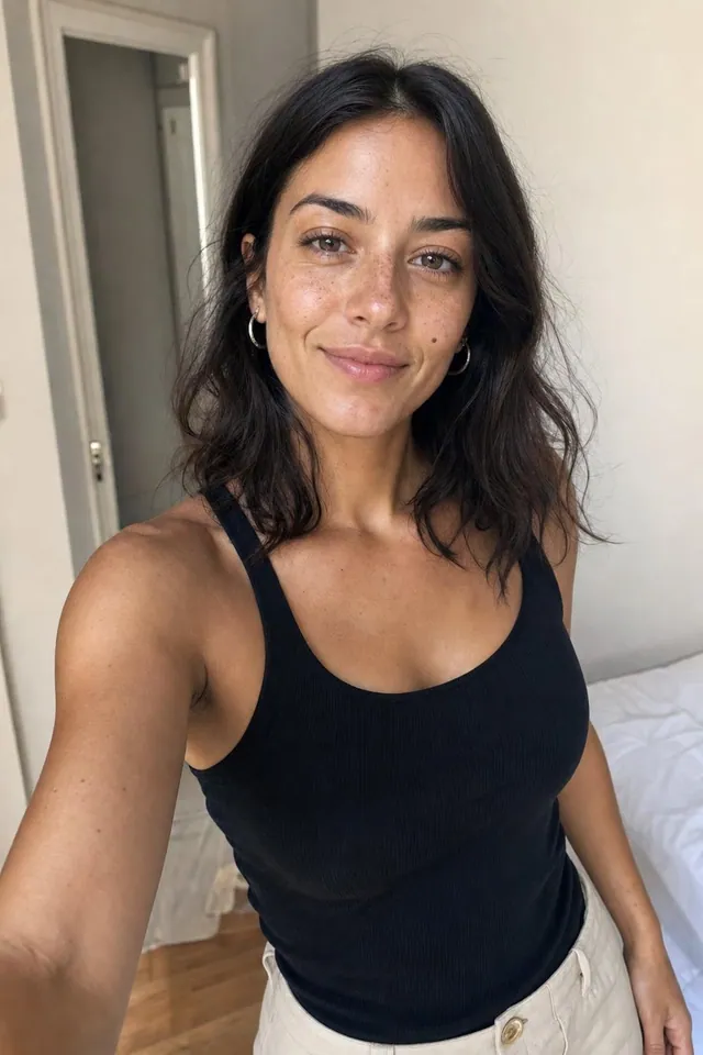 Você: selfie de uma jovem de cabelo escuro ondulado com regata preta